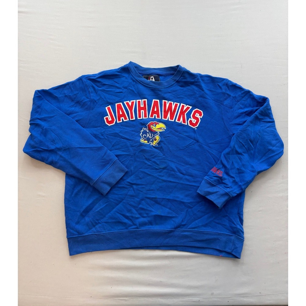 J America Kansas Jayhawks Sweatshirt Mens Large Blue KU Crewneck Pullover NCAA